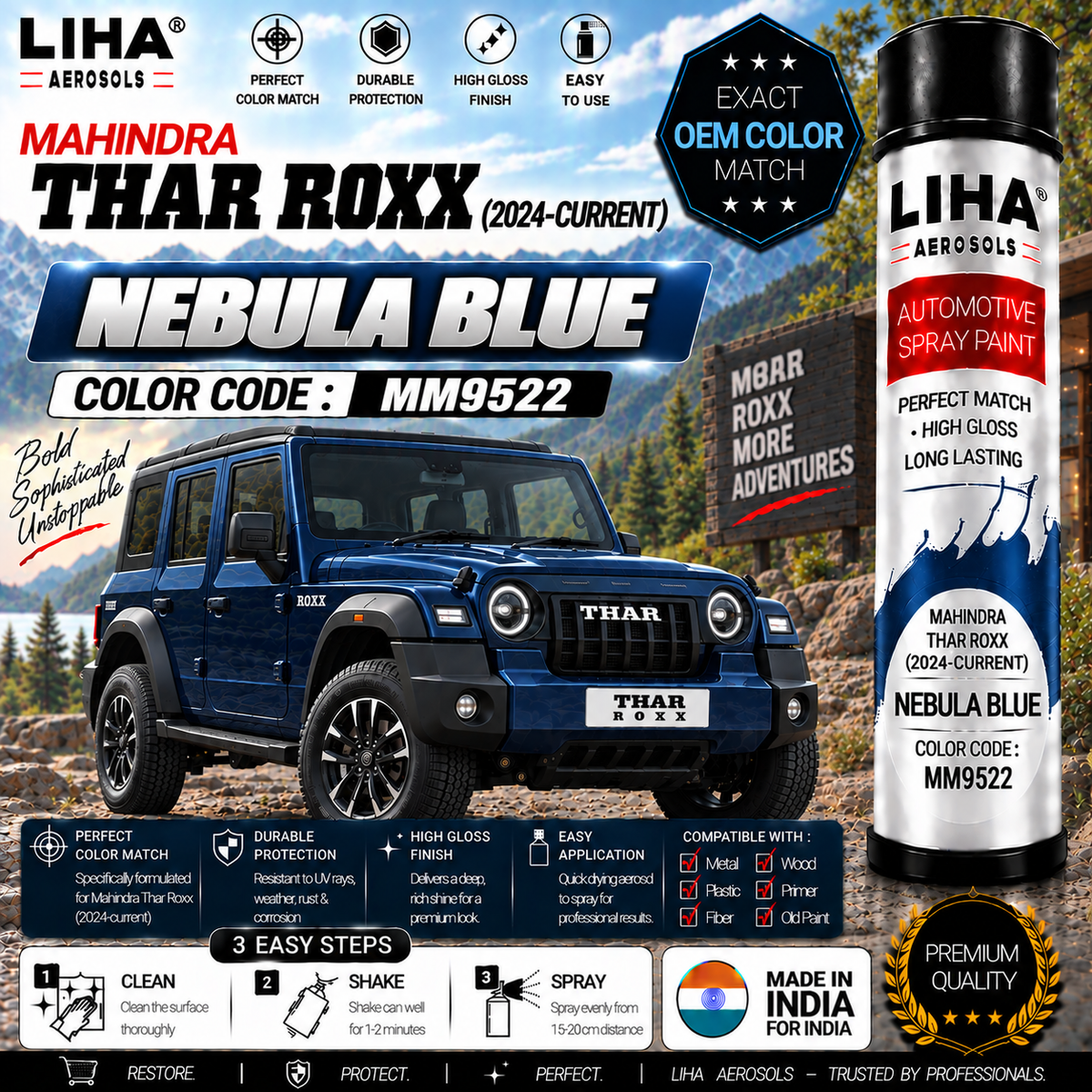 Mahindra Thar Roxx Nebula Blue Touch Up Spray Paint – OEM Color Match | LIHA Aerosols 500ml