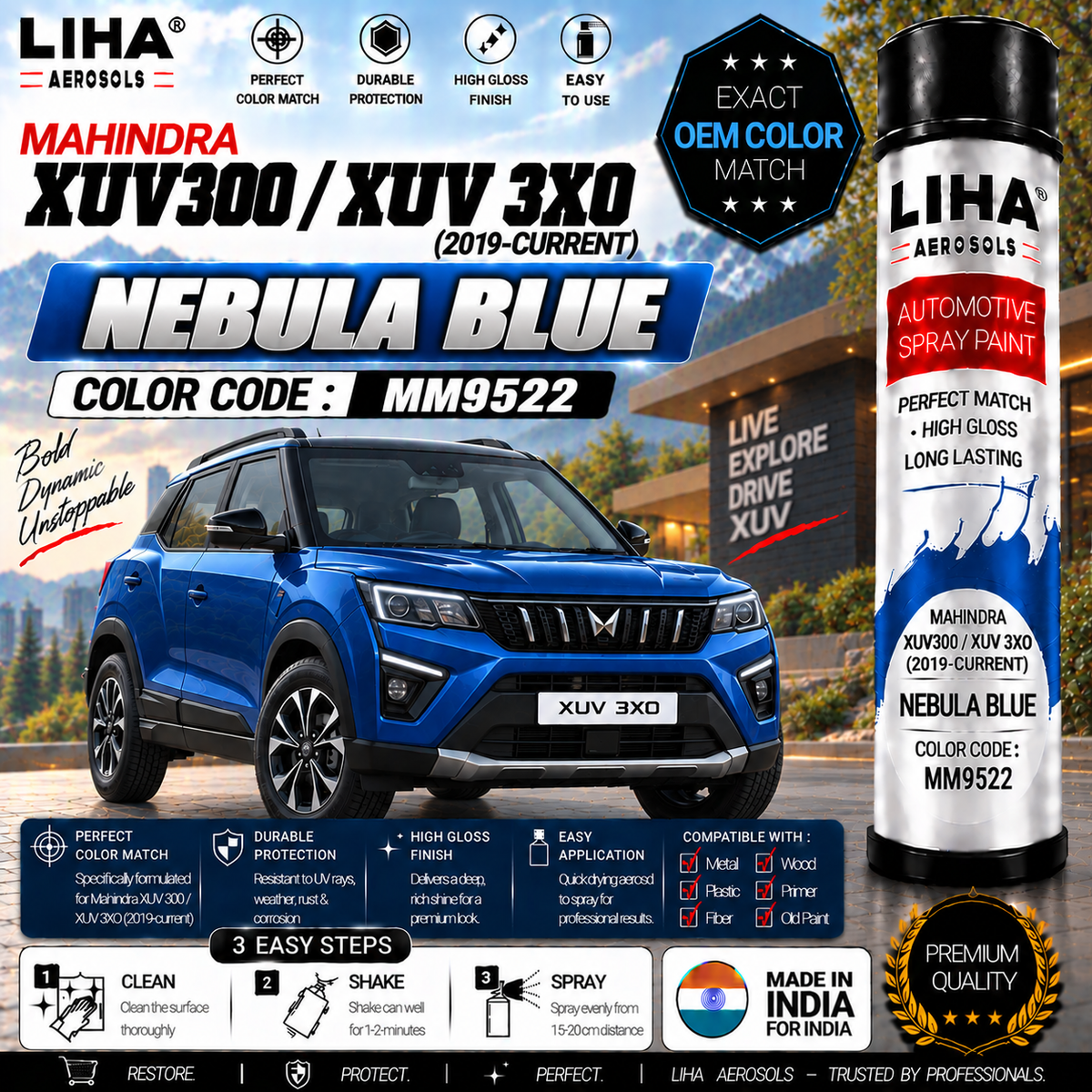 Mahindra XUV300 / XUV 3XO Nebula Blue Touch Up Spray Paint – OEM Color Match | LIHA Aerosols 500ml