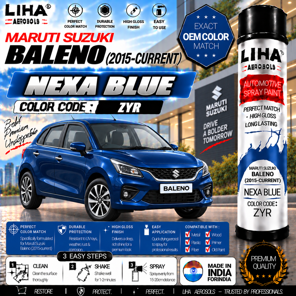 Maruti Suzuki Baleno Nexa Blue Touch Up Spray Paint – OEM Color Match | LIHA Aerosols 500ml