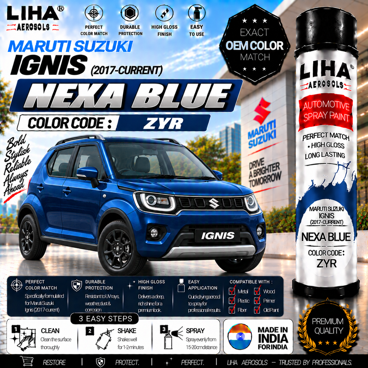 Maruti Suzuki Ignis Nexa Blue Touch Up Spray Paint – OEM Color Match | LIHA Aerosols 500ml