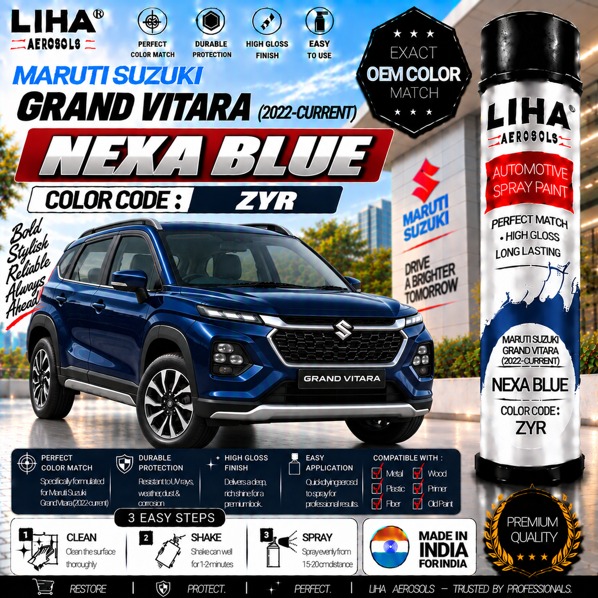 Maruti Suzuki Grand Vitara Nexa Blue Touch Up Spray Paint – OEM Color Match | LIHA Aerosols 500ml