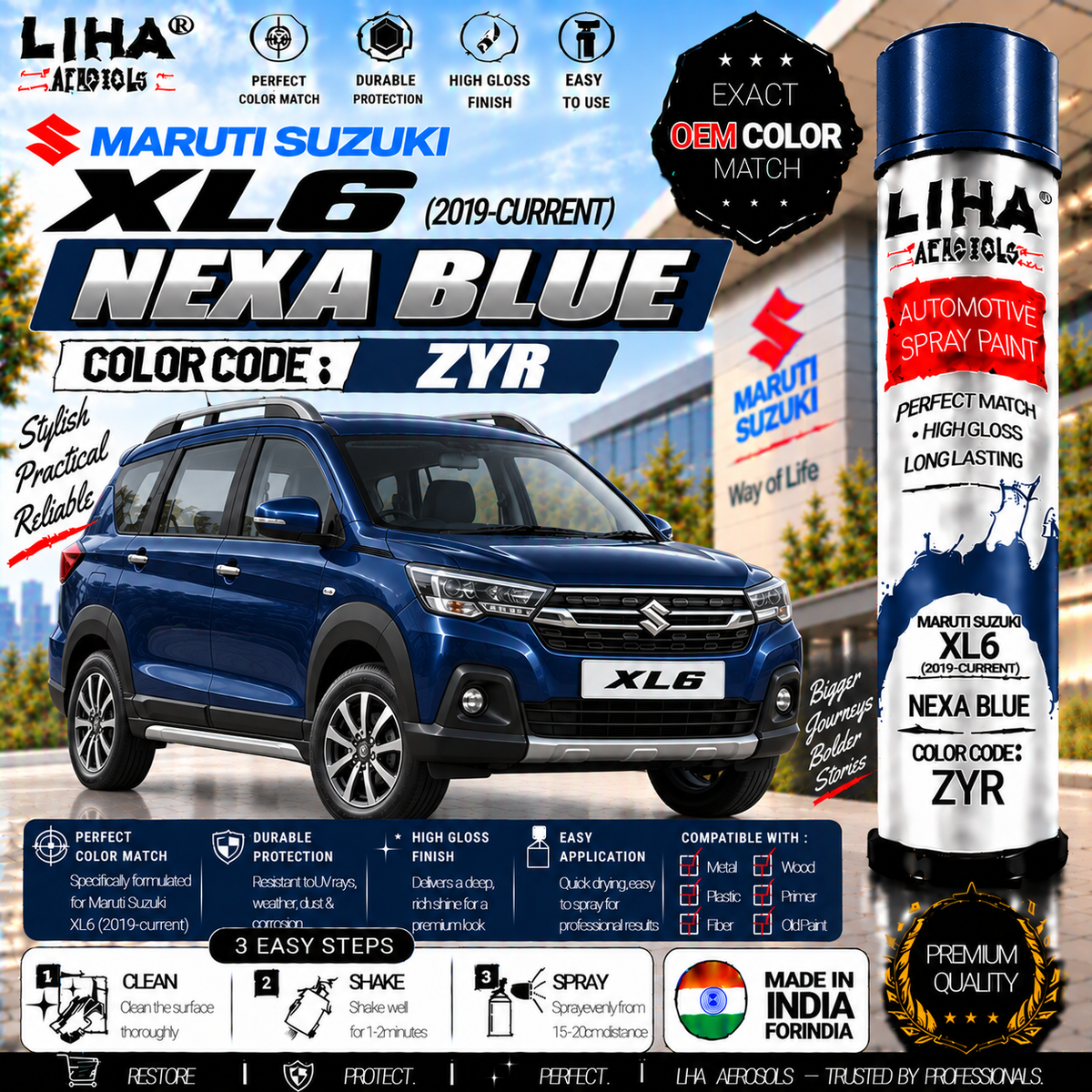 Maruti Suzuki XL6 Nexa Blue Touch Up Spray Paint – OEM Color Match | LIHA Aerosols 500ml