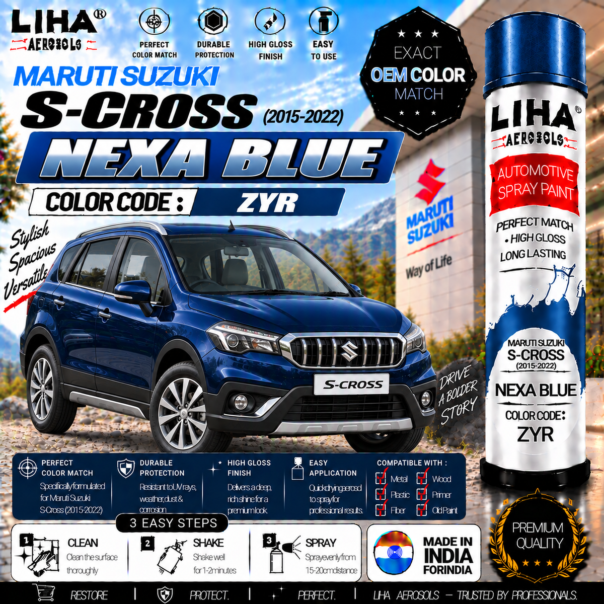 Maruti Suzuki S-Cross Nexa Blue Touch Up Spray Paint – OEM Color Match | LIHA Aerosols 500ml