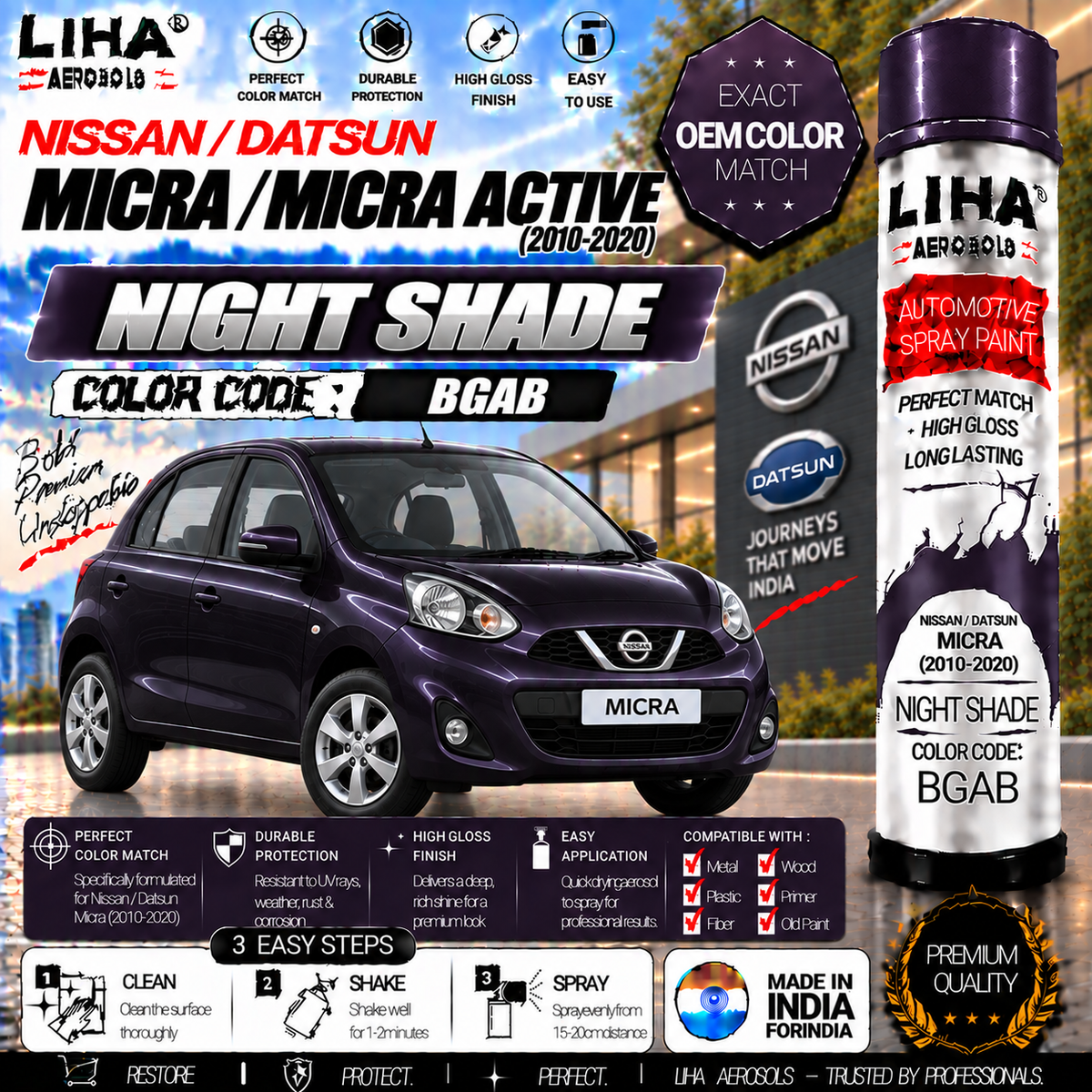 Nissan Micra / Micra Active Night Shade Touch Up Spray Paint – OEM Color Match | LIHA Aerosols 500ml