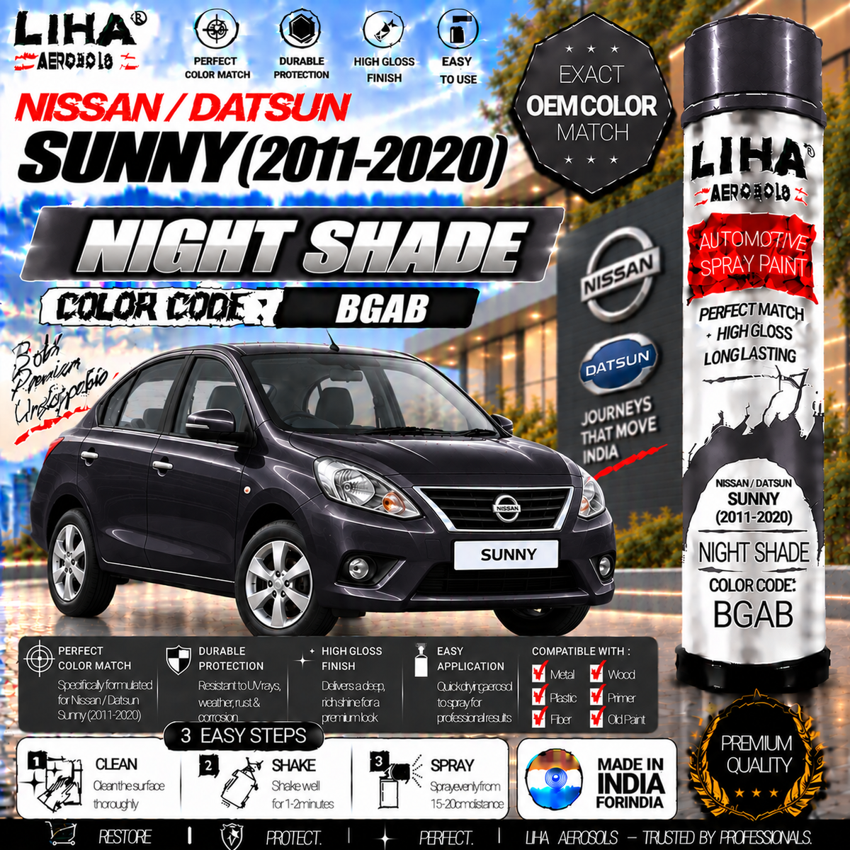Nissan Sunny Night Shade Touch Up Spray Paint – OEM Color Match | LIHA Aerosols 500ml