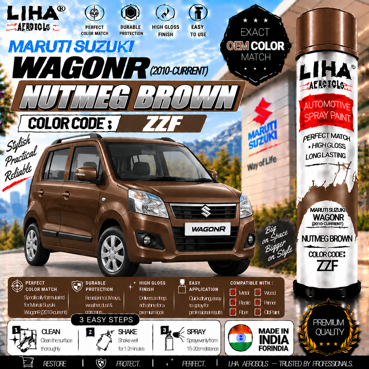 Maruti Suzuki WagonR Nutmeg Brown Touch Up Spray Paint – OEM Color Match | LIHA Aerosols 500ml