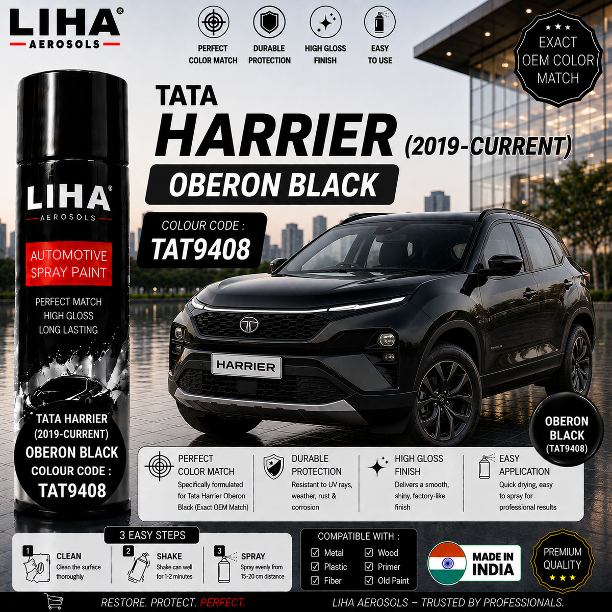 Tata Harrier Oberon Black Touch Up Spray Paint – OEM Color Match | LIHA Aerosols 500ml