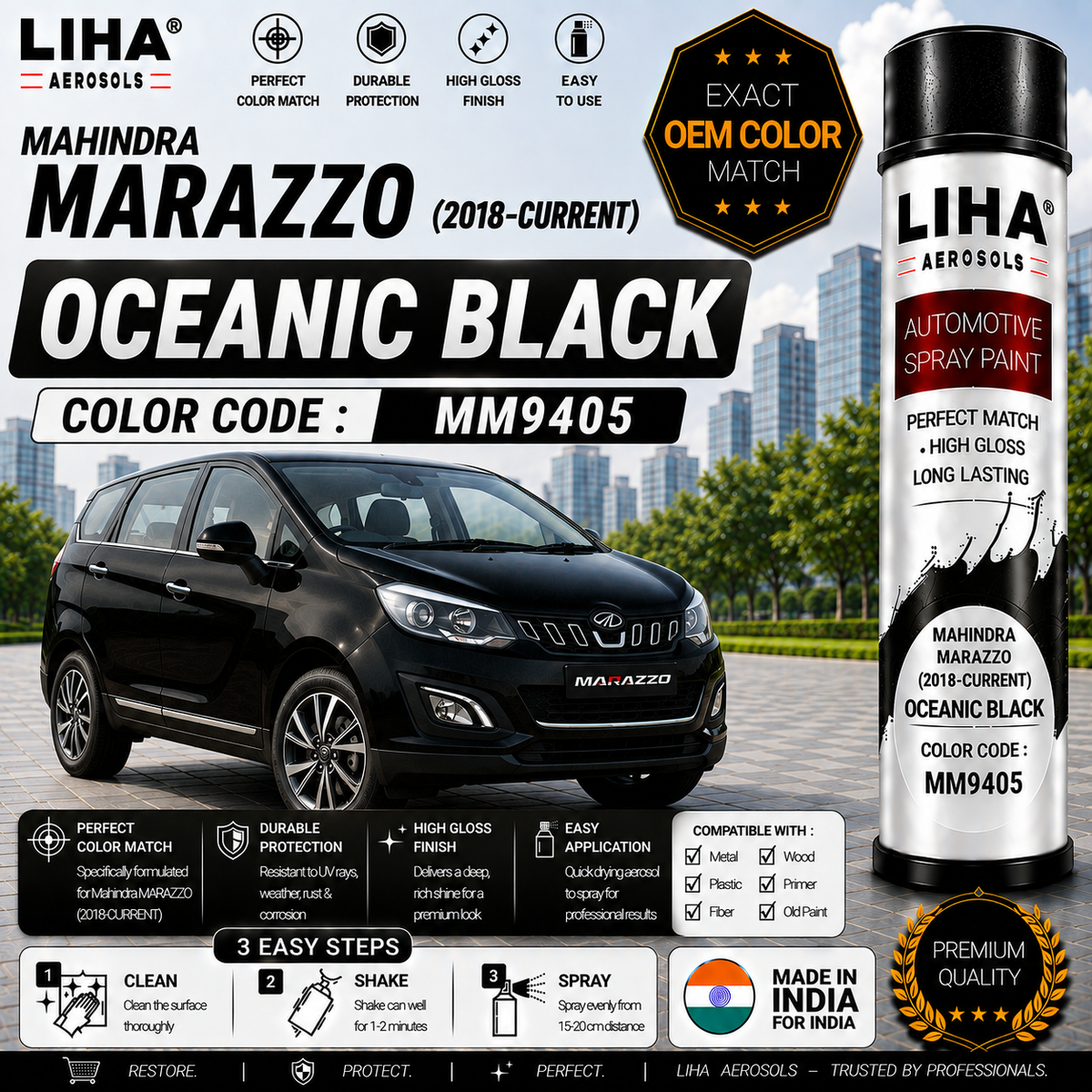 Mahindra Marazzo Oceanic Black Touch Up Spray Paint – OEM Color Match | LIHA Aerosols 500ml