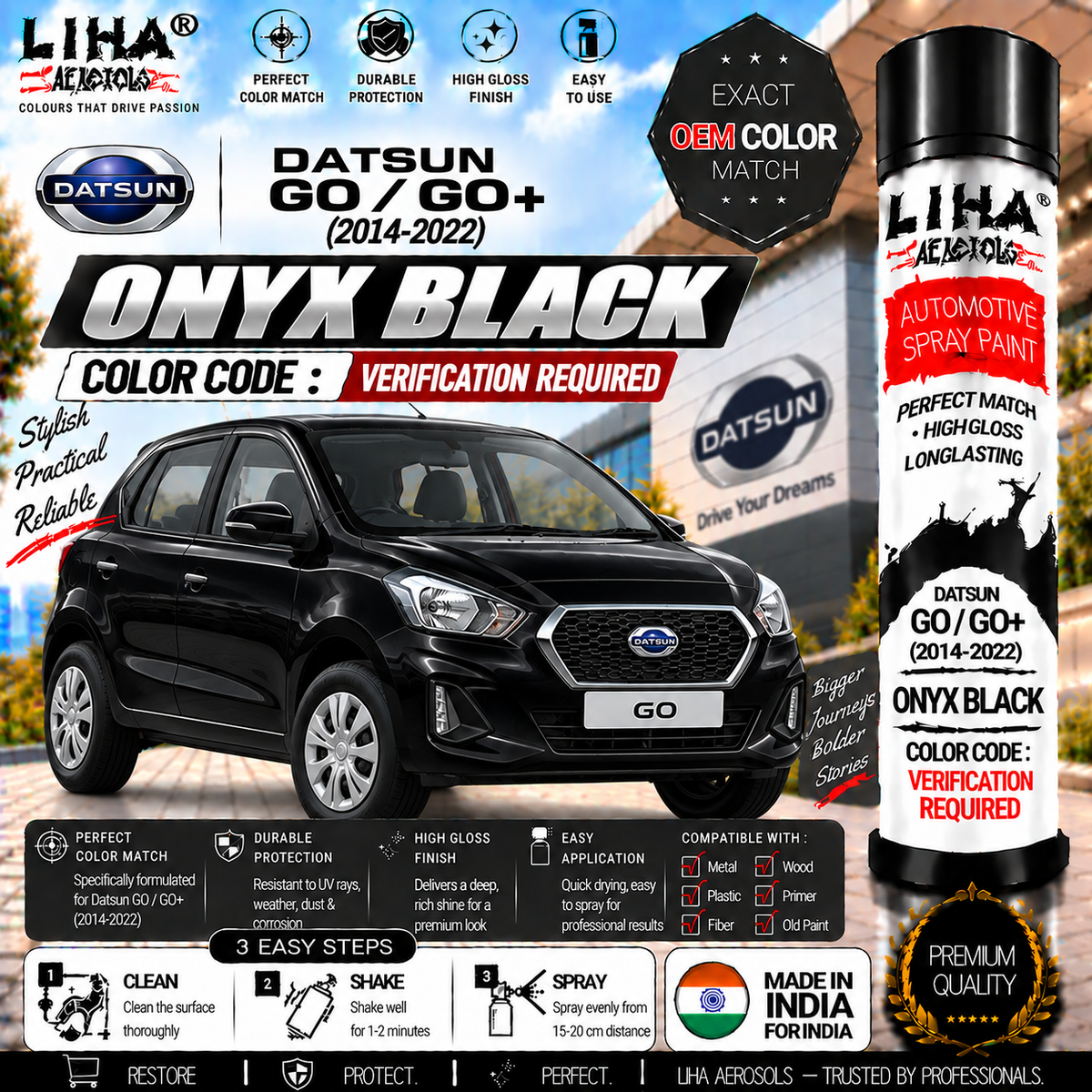 Datsun GO / GO+ Onyx Black Touch Up Spray Paint – OEM Color Match | LIHA Aerosols 500ml