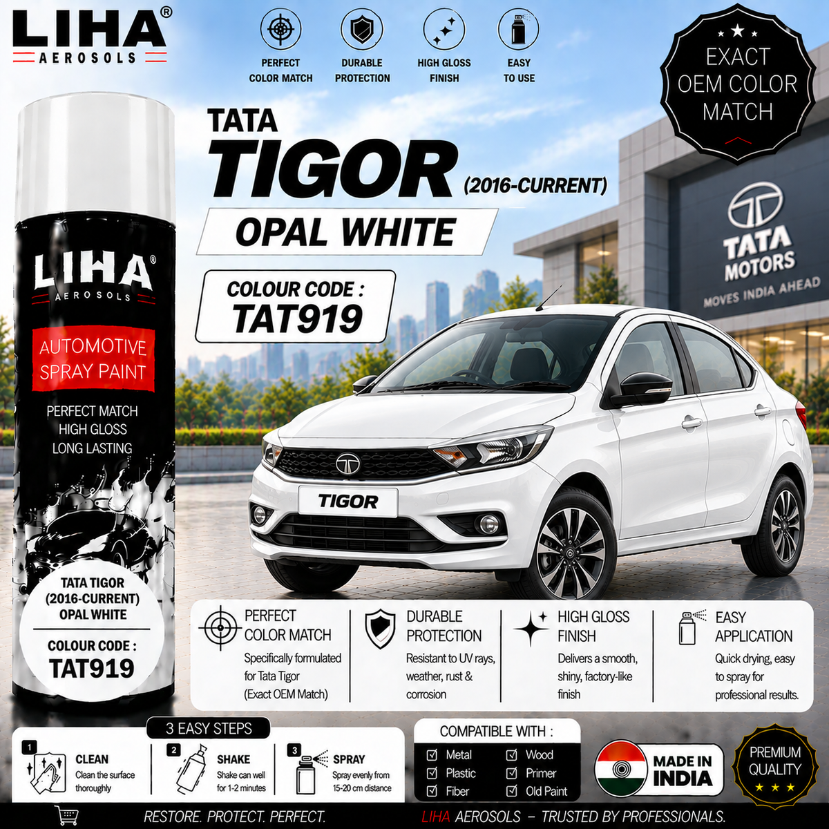 Tata Tigor Opal White Touch Up Spray Paint – OEM Color Match | LIHA Aerosols 500ml
