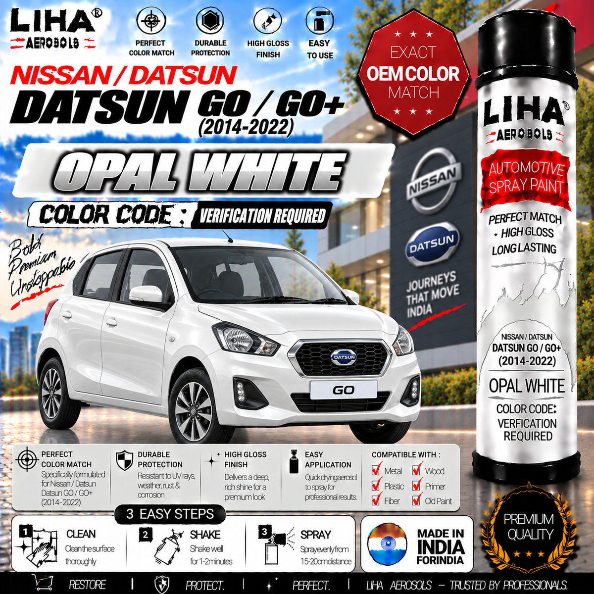 Datsun GO / GO+ Opal White Touch Up Spray Paint – OEM Color Match | LIHA Aerosols 500ml