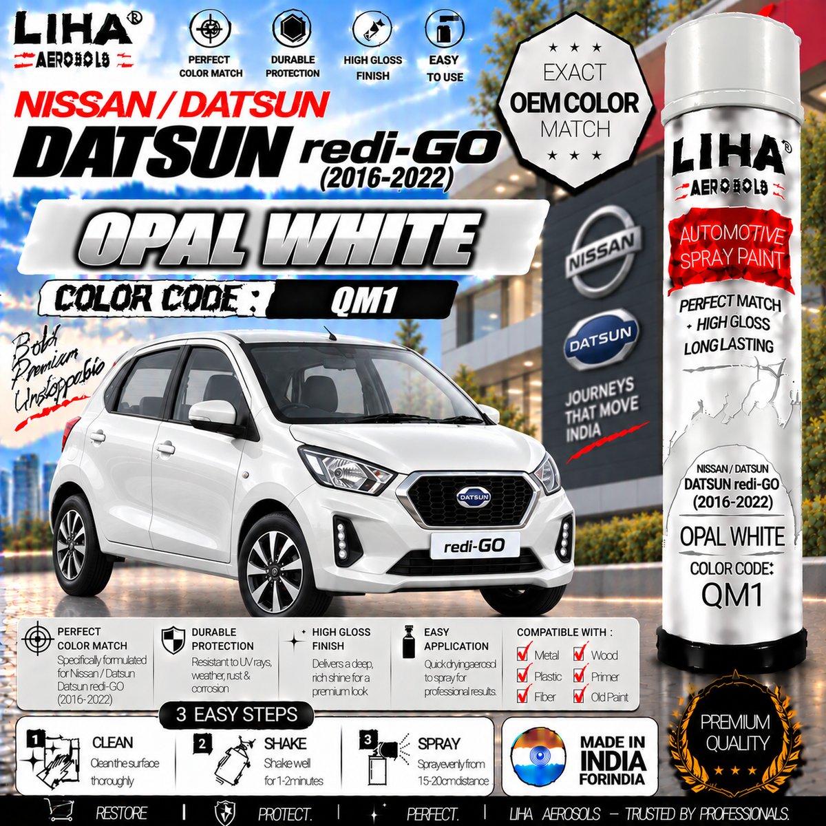 Datsun redi-GO Opal White Touch Up Spray Paint – OEM Color Match | LIHA Aerosols 500ml