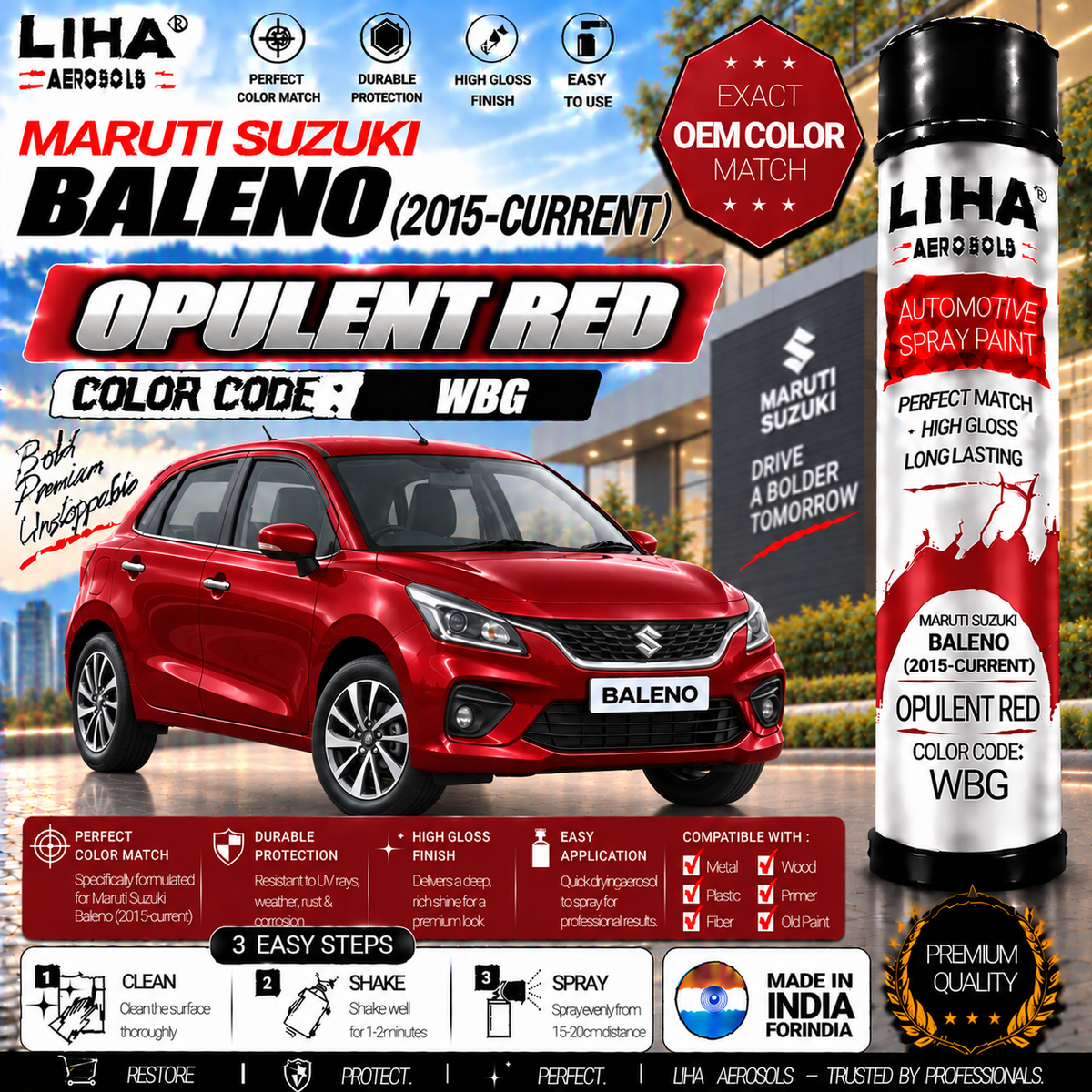 Maruti Suzuki Baleno Opulent Red Touch Up Spray Paint – OEM Color Match | LIHA Aerosols 500ml