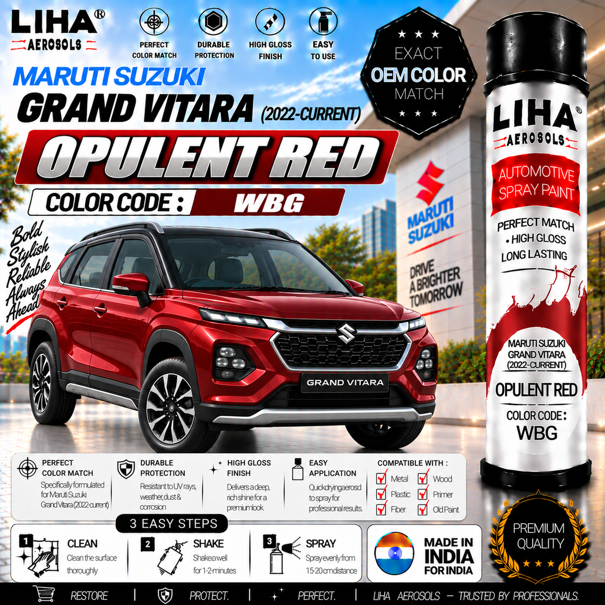 Maruti Suzuki Grand Vitara Opulent Red Touch Up Spray Paint – OEM Color Match | LIHA Aerosols 500ml