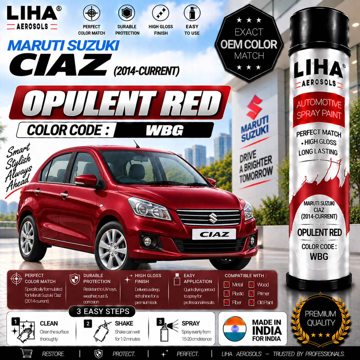 Maruti Suzuki Ciaz Opulent Red Touch Up Spray Paint – OEM Color Match | LIHA Aerosols 500ml