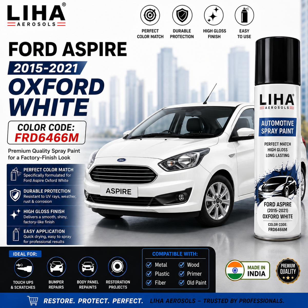 Ford Aspire Oxford White Touch Up Spray Paint – OEM Color Match FRD6466M | LIHA Aerosols 500ml