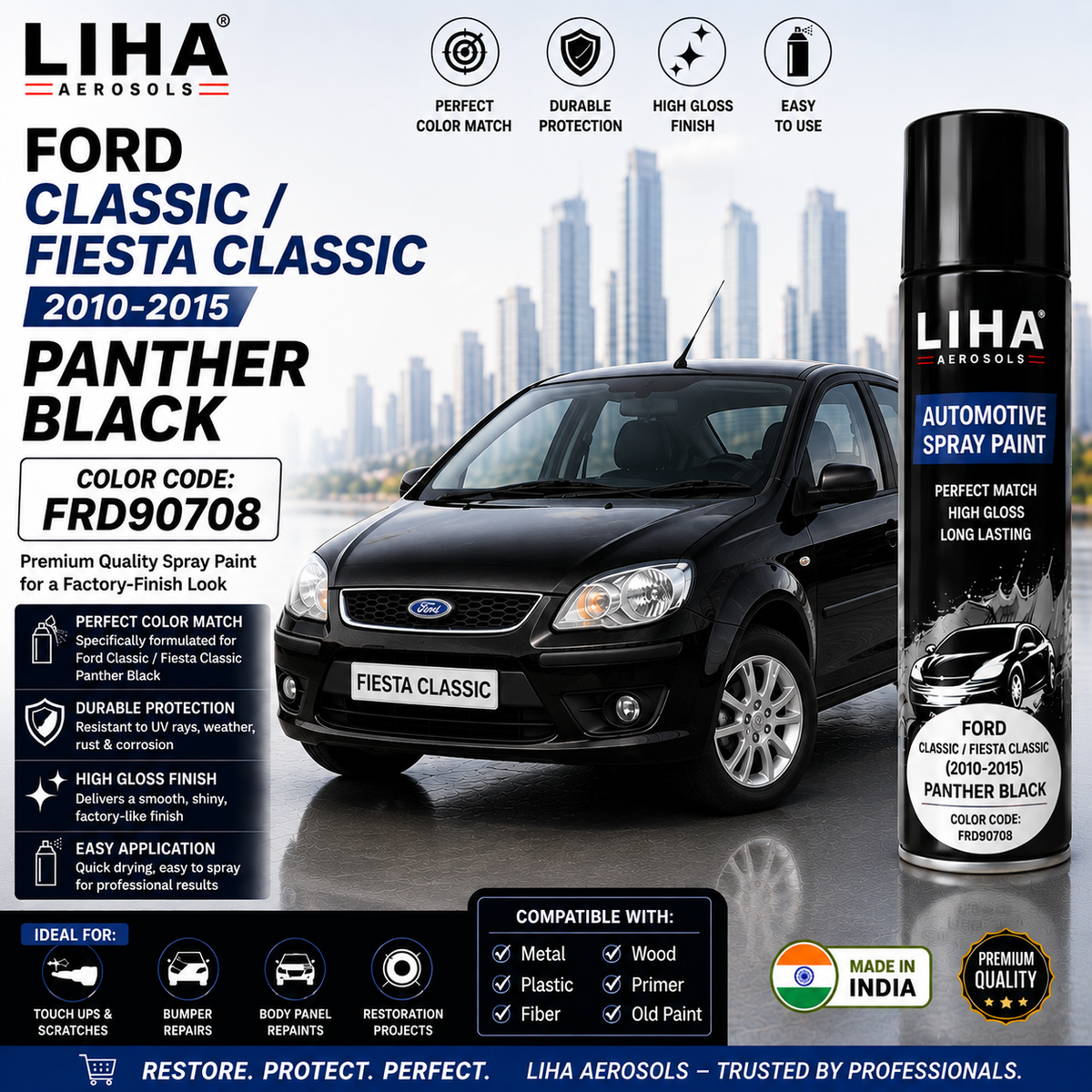 Ford Classic / Fiesta Classic Panther Black Touch Up Spray Paint – OEM Color Match FRD90708 | LIHA Aerosols 500ml