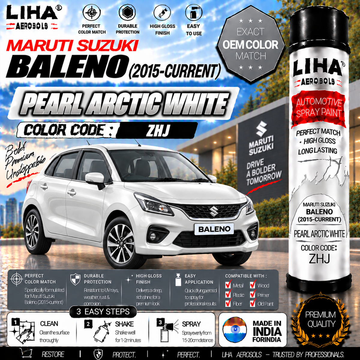 Maruti Suzuki Baleno Pearl Arctic White Touch Up Spray Paint – OEM Color Match | LIHA Aerosols 500ml
