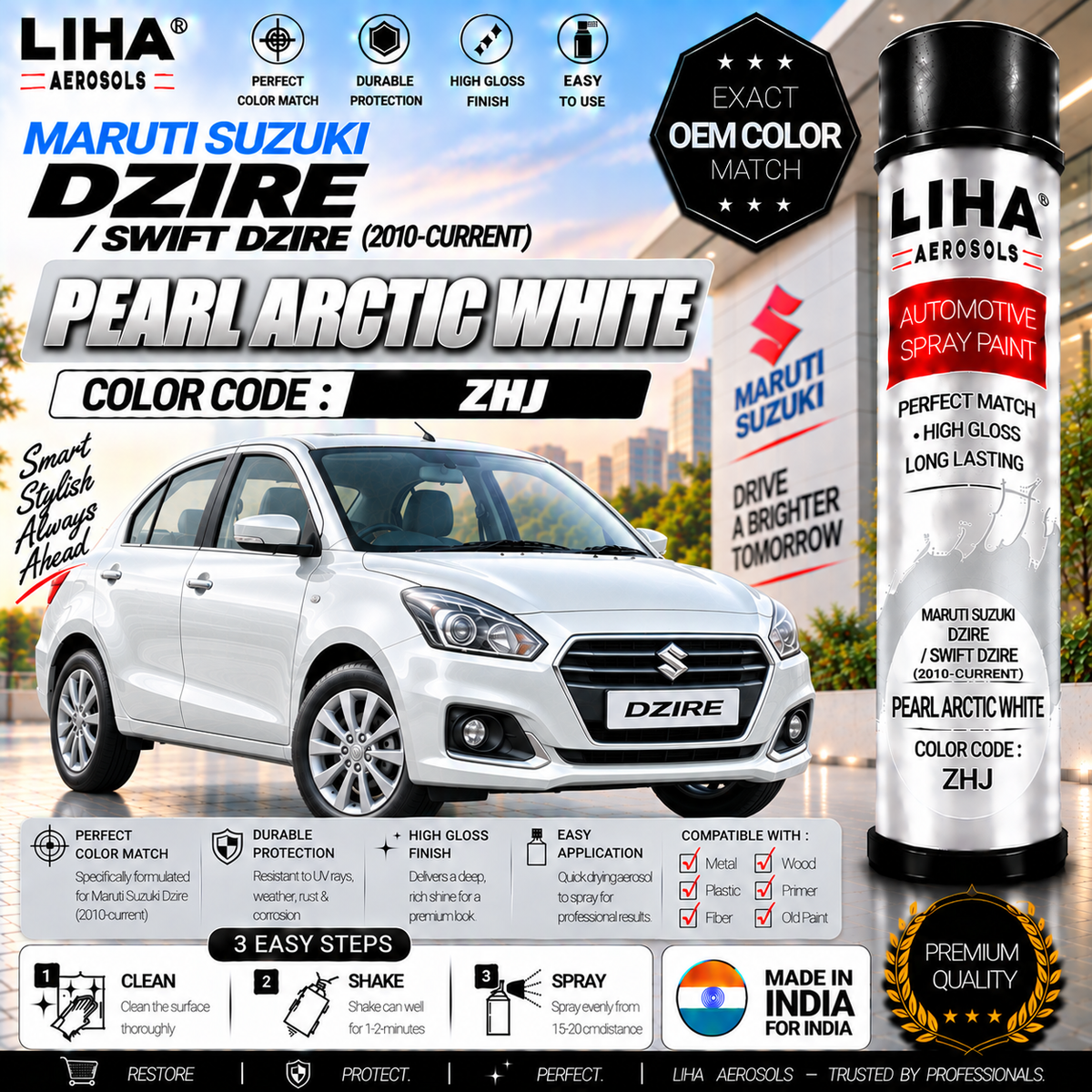 Maruti Suzuki Dzire / Swift Dzire Pearl Arctic White Touch Up Spray Paint – OEM Color Match | LIHA Aerosols 500ml