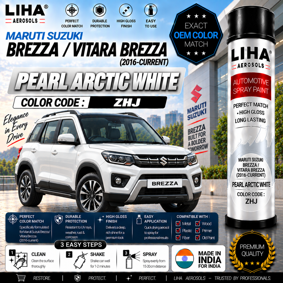 Maruti Suzuki Brezza / Vitara Brezza Pearl Arctic White Touch Up Spray Paint – OEM Color Match | LIHA Aerosols 500ml