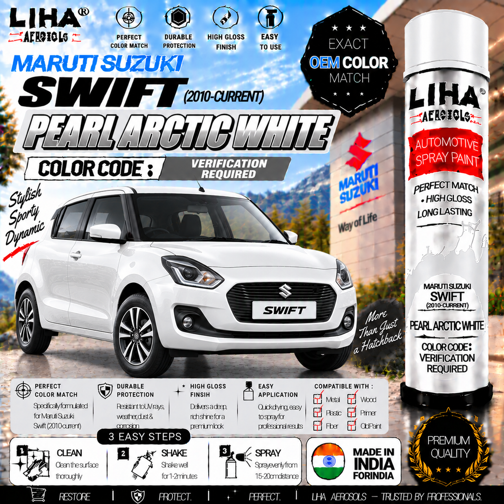 Maruti Suzuki Swift Pearl Arctic White Touch Up Spray Paint – OEM Color Match | LIHA Aerosols 500ml