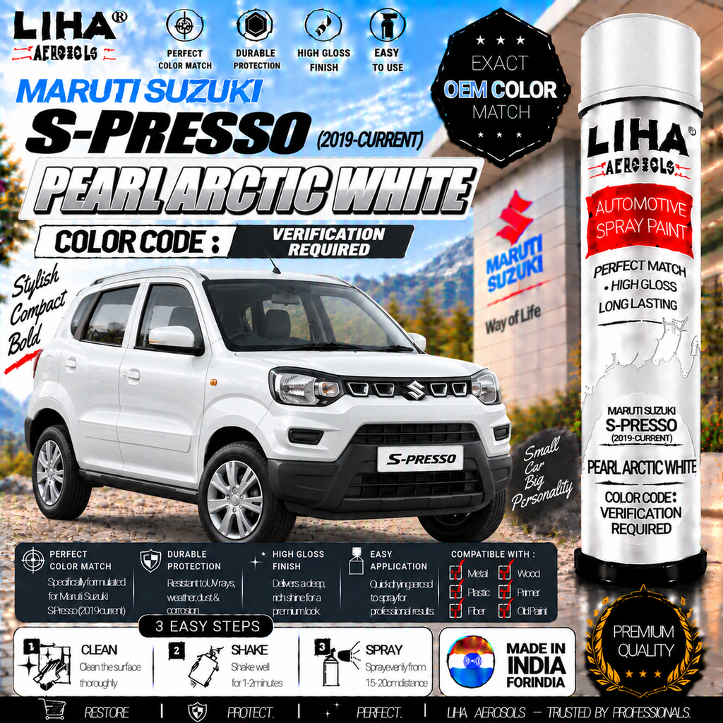 Maruti Suzuki S-Presso Pearl Arctic White Touch Up Spray Paint – OEM Color Match | LIHA Aerosols 500ml