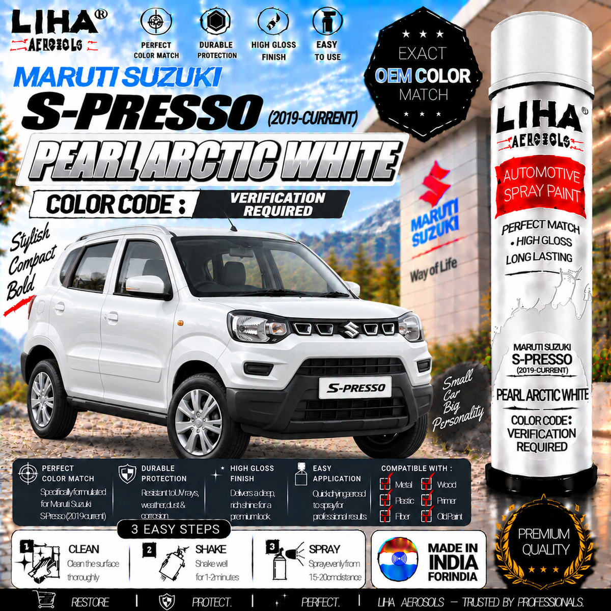 Maruti Suzuki S-Presso Pearl Arctic White Touch Up Spray Paint – OEM Color Match | LIHA Aerosols 500ml