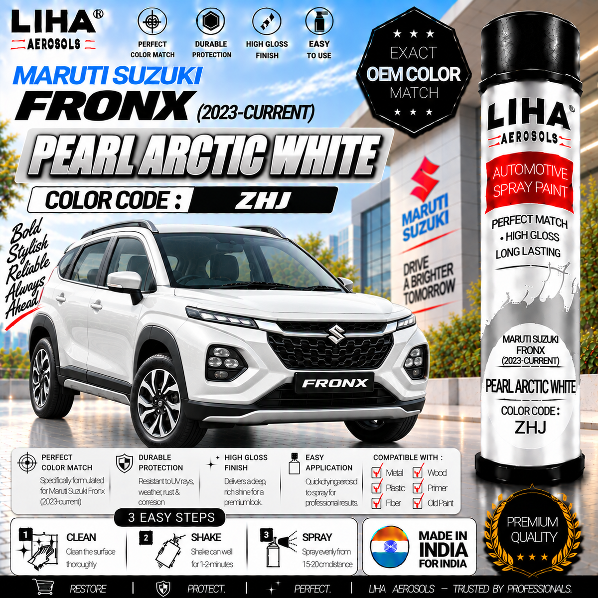 Maruti Suzuki Fronx Pearl Arctic White Touch Up Spray Paint – OEM Color Match | LIHA Aerosols 500ml
