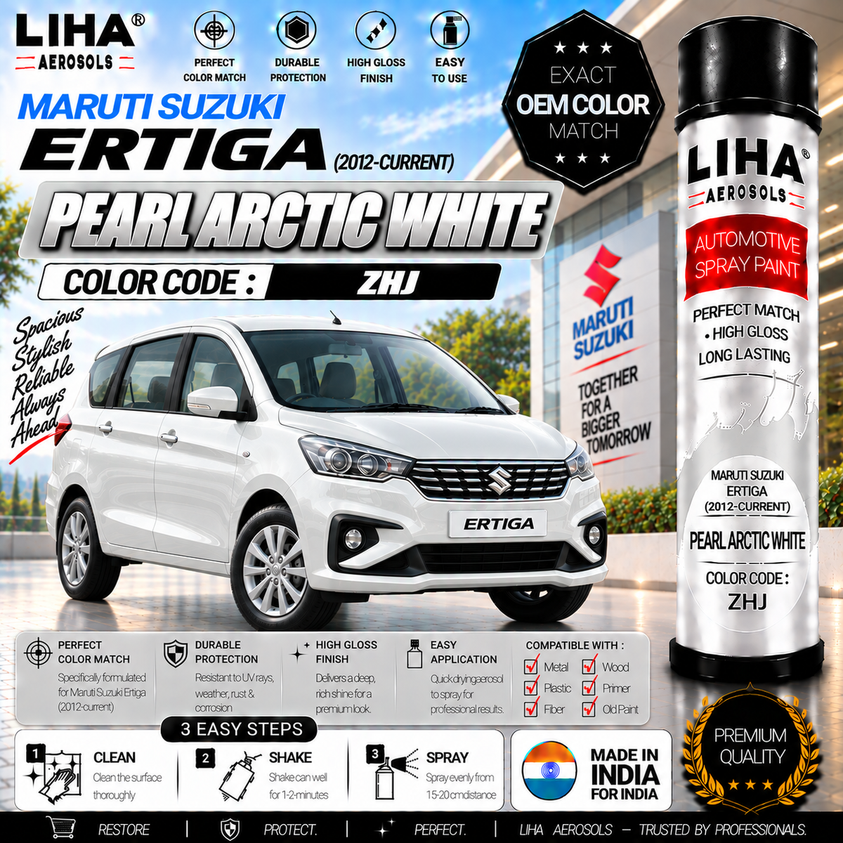 Maruti Suzuki Ertiga Pearl Arctic White Touch Up Spray Paint – OEM Color Match | LIHA Aerosols 500ml