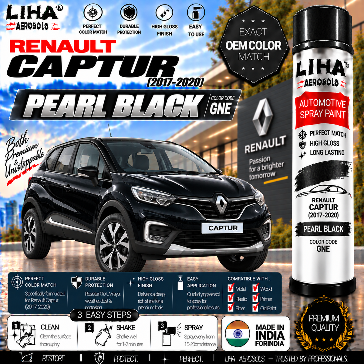 Renault Captur Pearl Black Touch Up Spray Paint – OEM Color Match | LIHA Aerosols 500ml