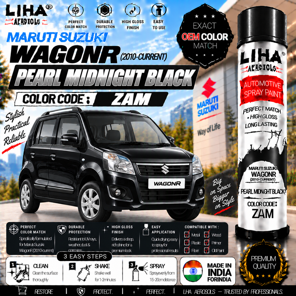 Maruti Suzuki WagonR Pearl Midnight Black Touch Up Spray Paint – OEM Color Match | LIHA Aerosols 500ml
