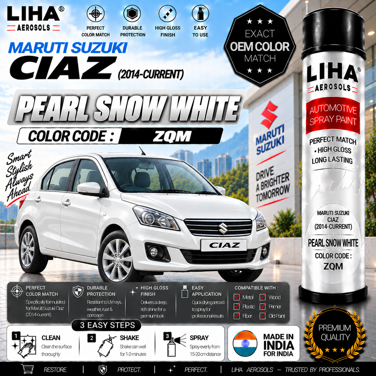 Maruti Suzuki Ciaz Pearl Snow White Touch Up Spray Paint – OEM Color Match | LIHA Aerosols 500ml