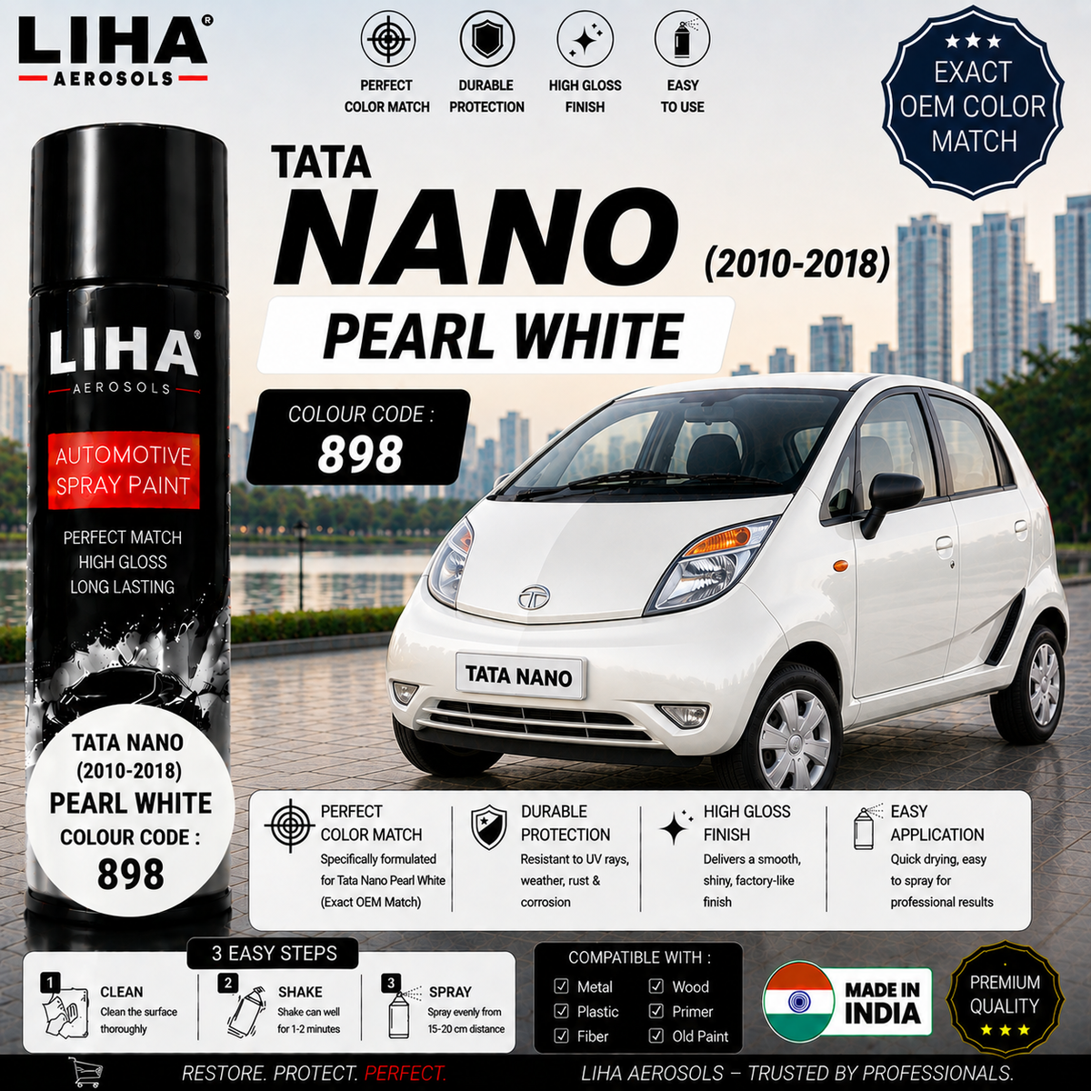 Tata Nano Pearl White Touch Up Spray Paint – OEM Color Match | LIHA Aerosols 500ml