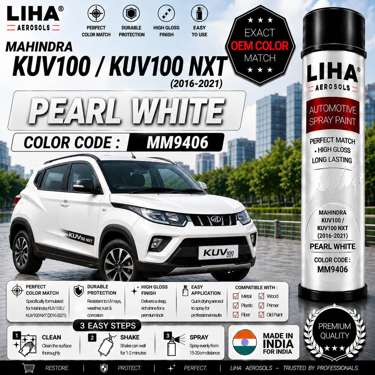 Mahindra KUV100 / KUV100 NXT Pearl White Touch Up Spray Paint – OEM Color Match | LIHA Aerosols 500ml