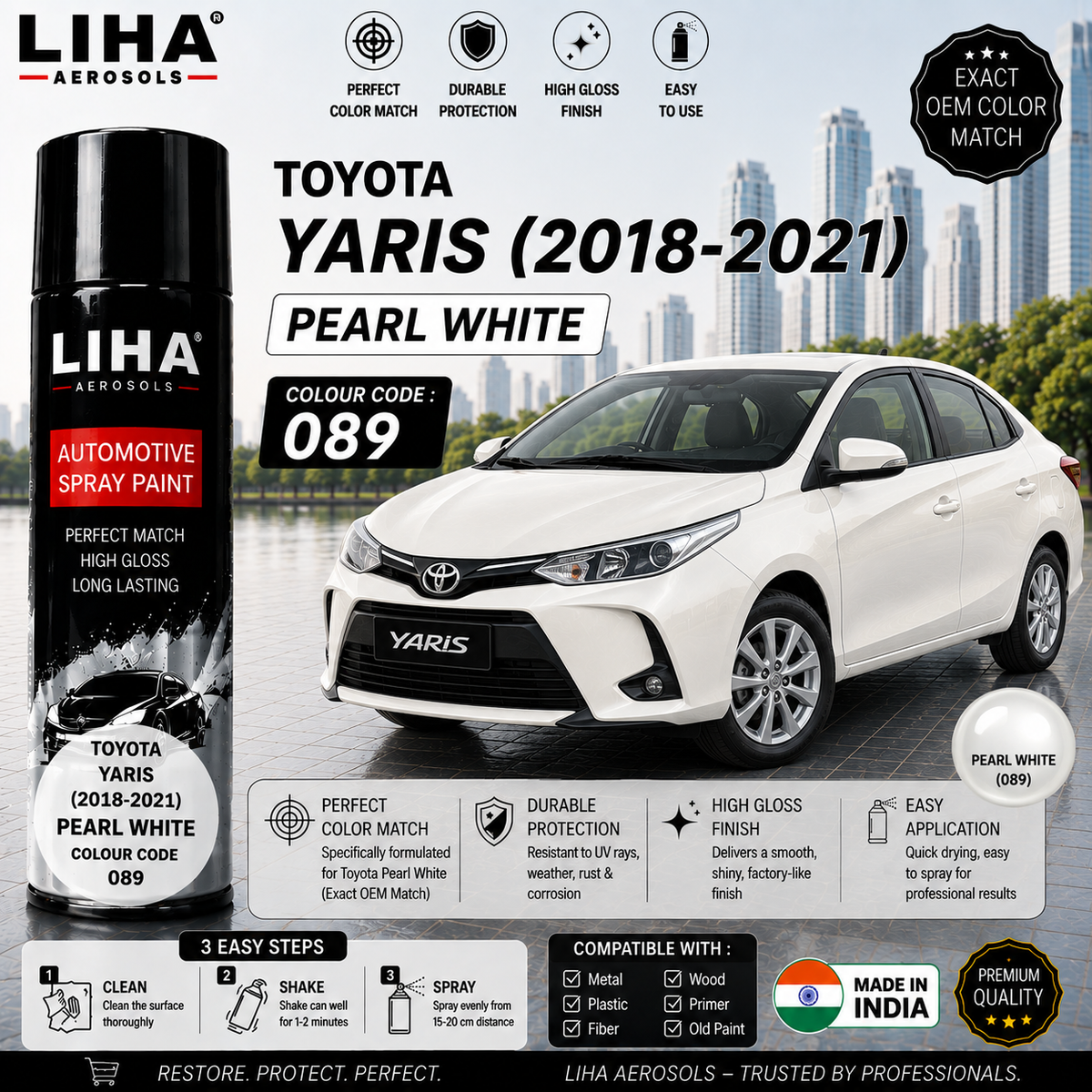 Toyota Yaris Pearl White Touch Up Spray Paint – OEM Color Match | LIHA Aerosols 500ml