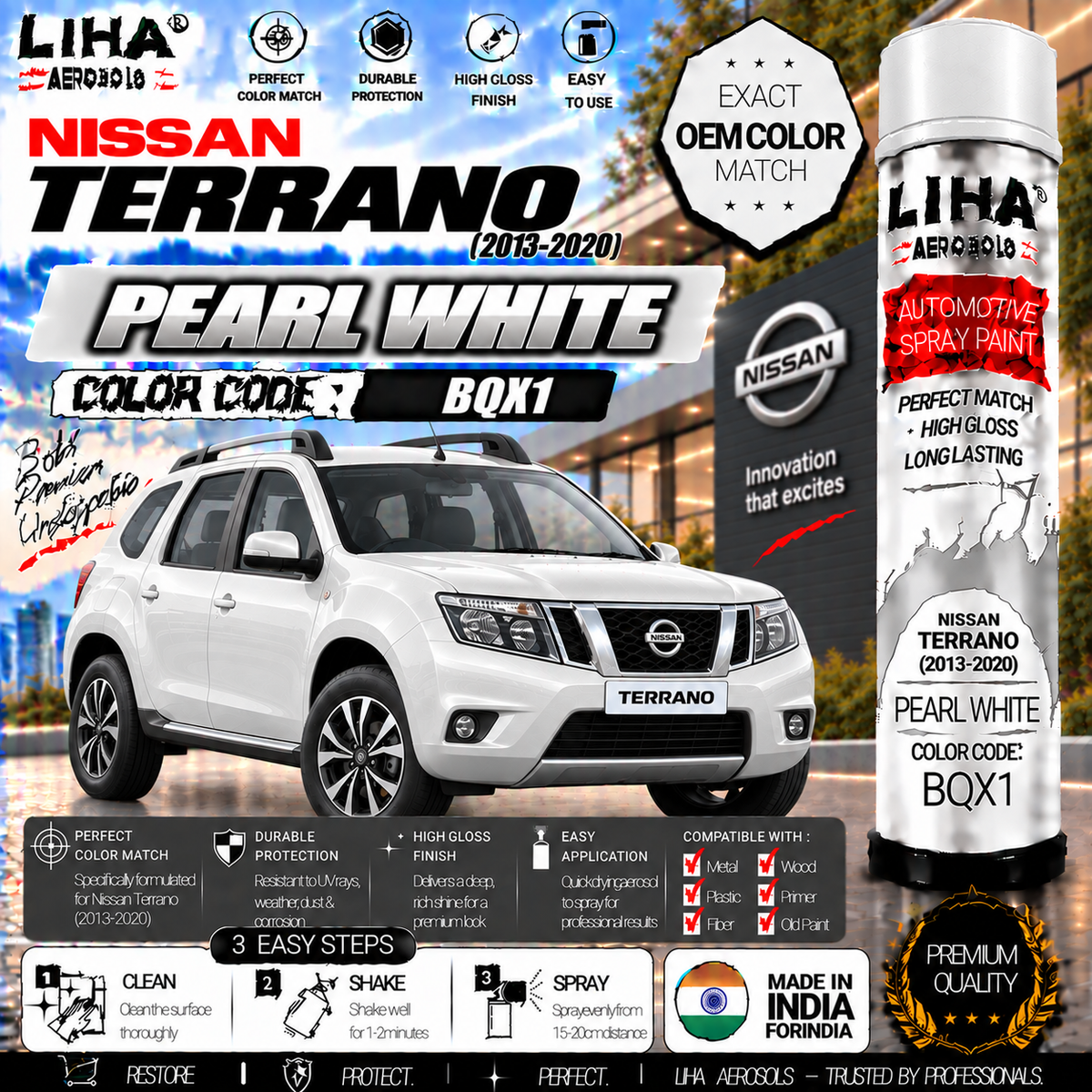 Nissan Terrano Pearl White Touch Up Spray Paint – OEM Color Match | LIHA Aerosols 500ml
