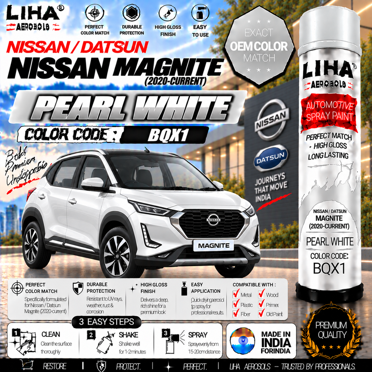 Nissan Magnite Pearl White Touch Up Spray Paint – OEM Color Match | LIHA Aerosols 500ml