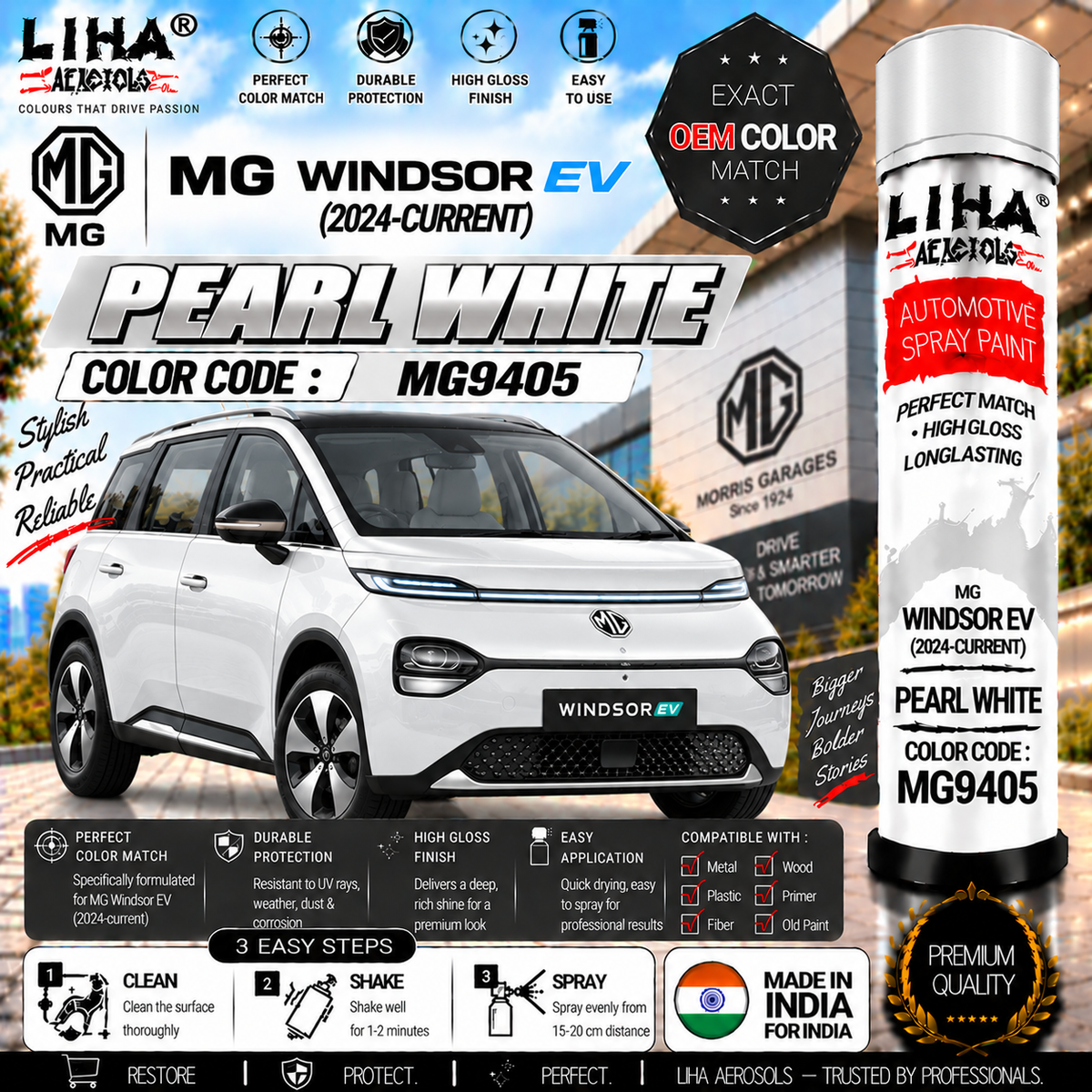 MG Windsor EV Pearl White Touch Up Spray Paint – OEM Color Match | LIHA Aerosols 500ml