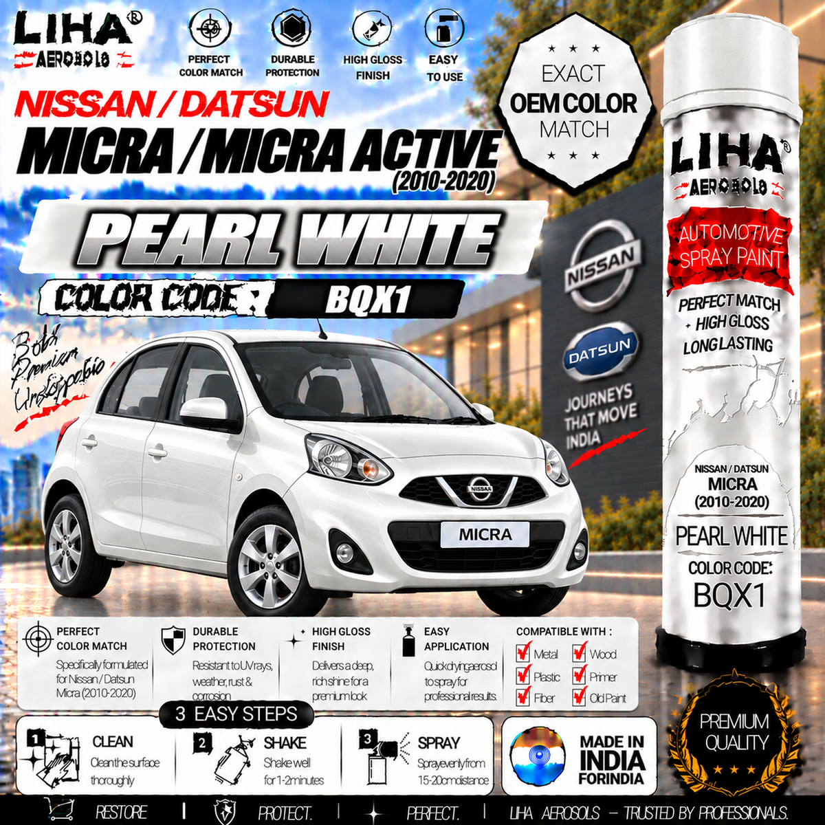 Nissan Micra / Micra Active Pearl White Touch Up Spray Paint – OEM Color Match | LIHA Aerosols 500ml