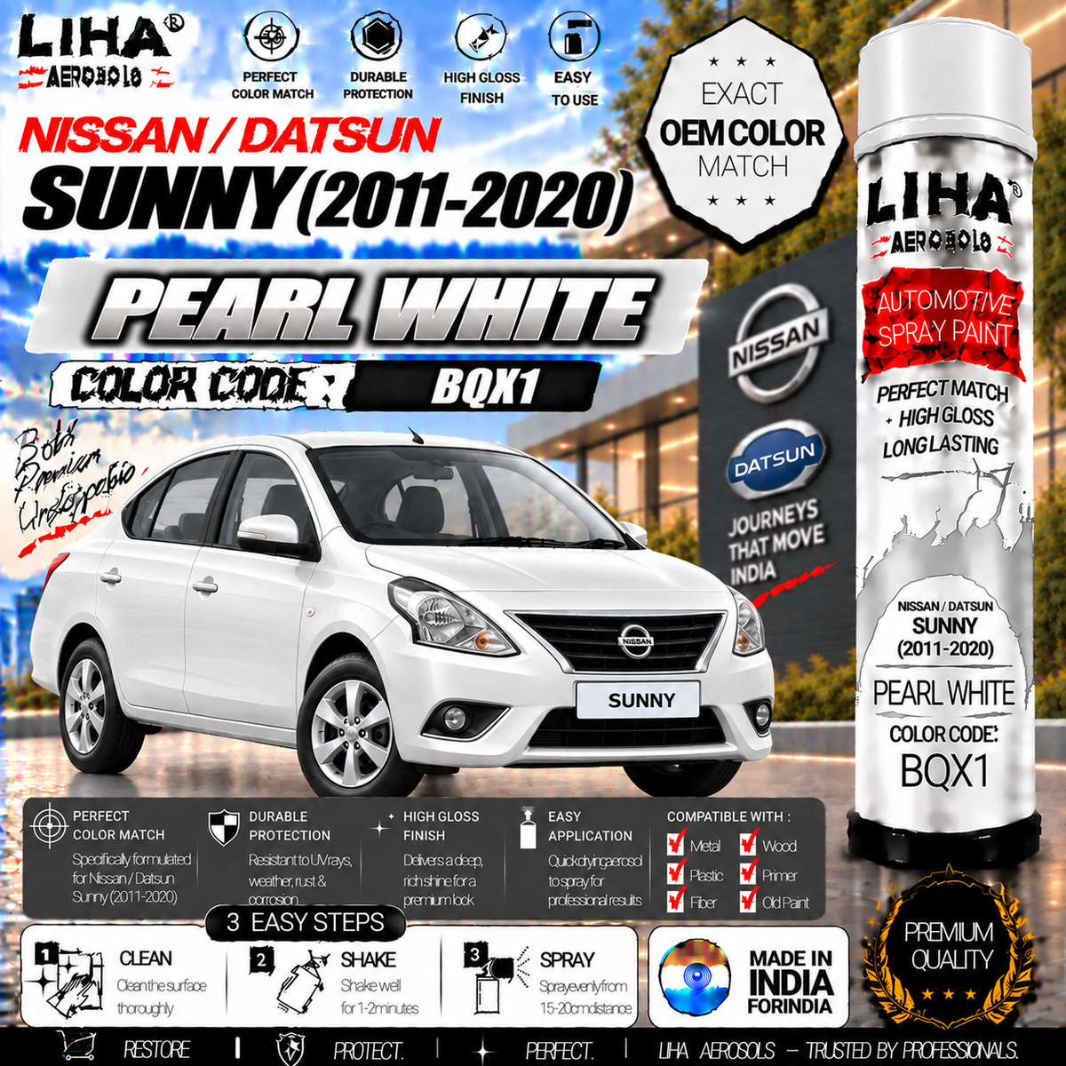 Nissan Sunny Pearl White Touch Up Spray Paint – OEM Color Match | LIHA Aerosols 500ml