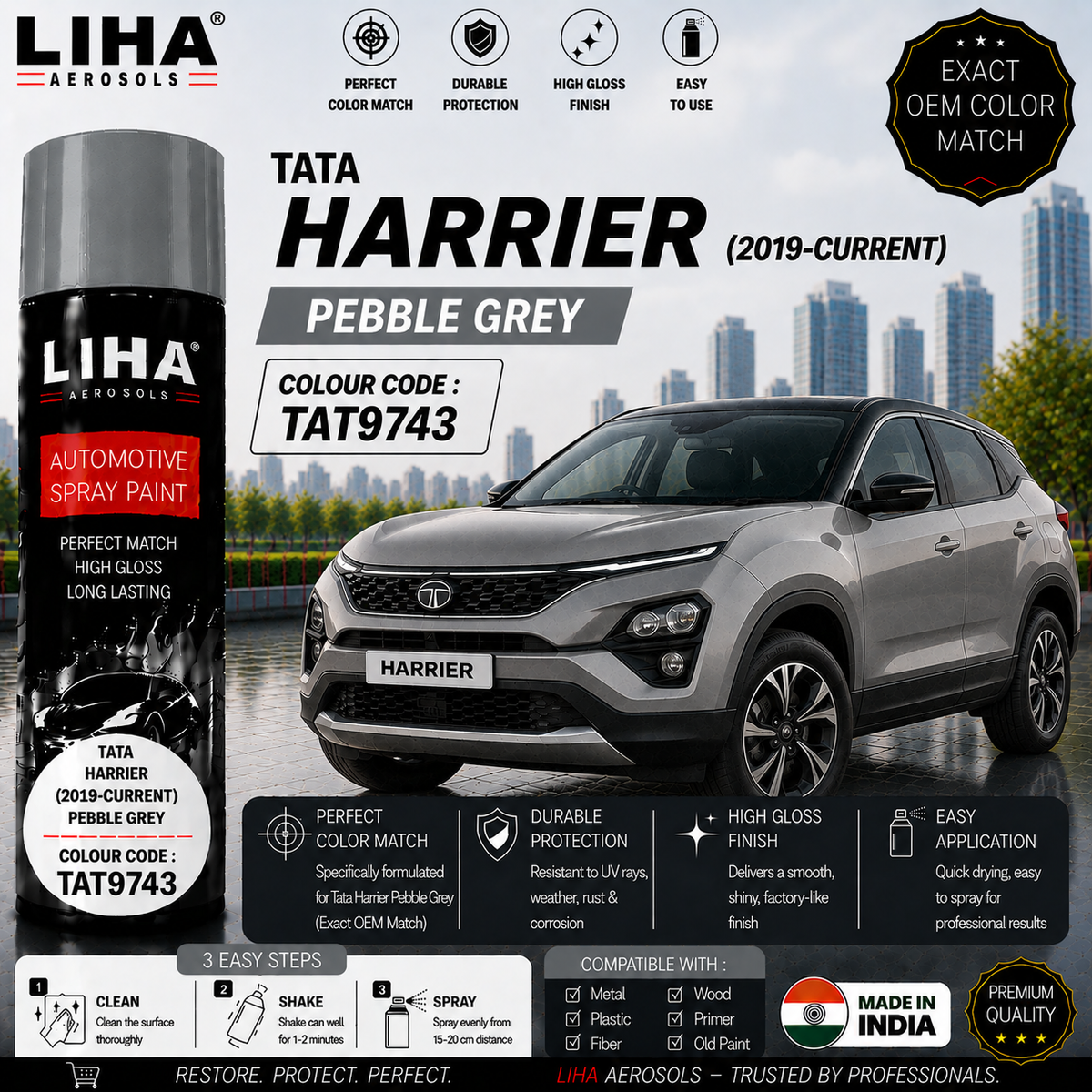 Tata Harrier Pebble Grey Touch Up Spray Paint – OEM Color Match | LIHA Aerosols 500ml