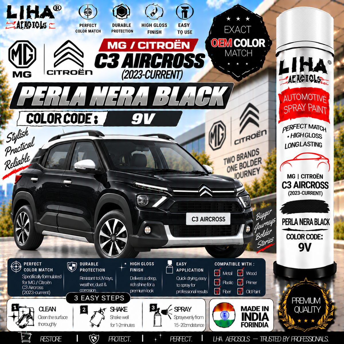 Citroen C3 Aircross / Aircross Perla Nera Black Touch Up Spray Paint – OEM Color Match | LIHA Aerosols 500ml
