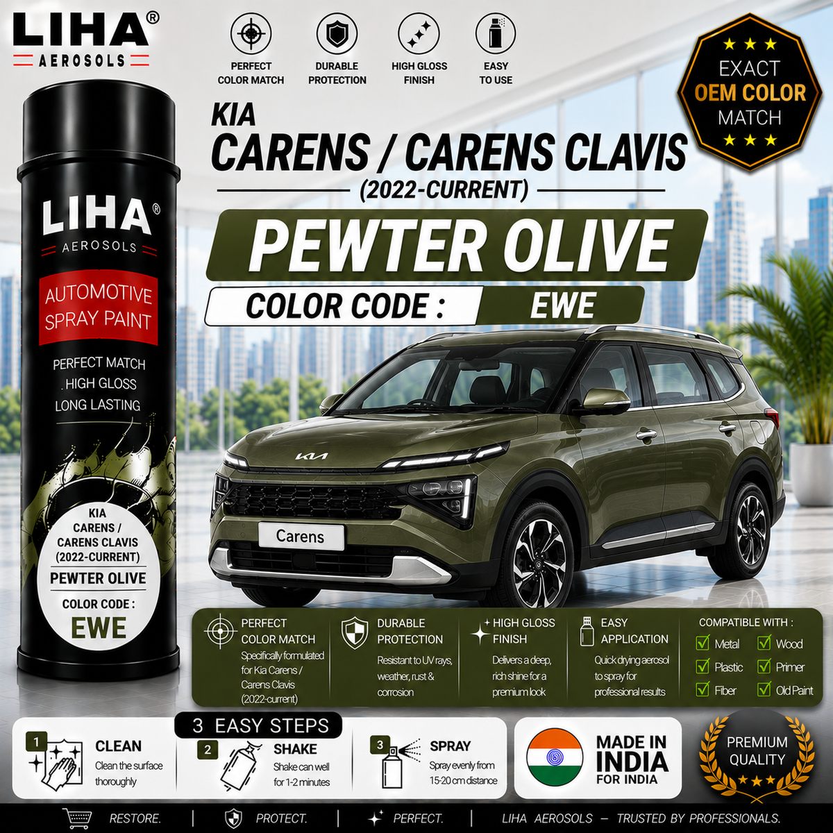 Kia Carens / Carens Clavis Pewter Olive Touch Up Spray Paint – OEM Color Match | LIHA Aerosols 500ml
