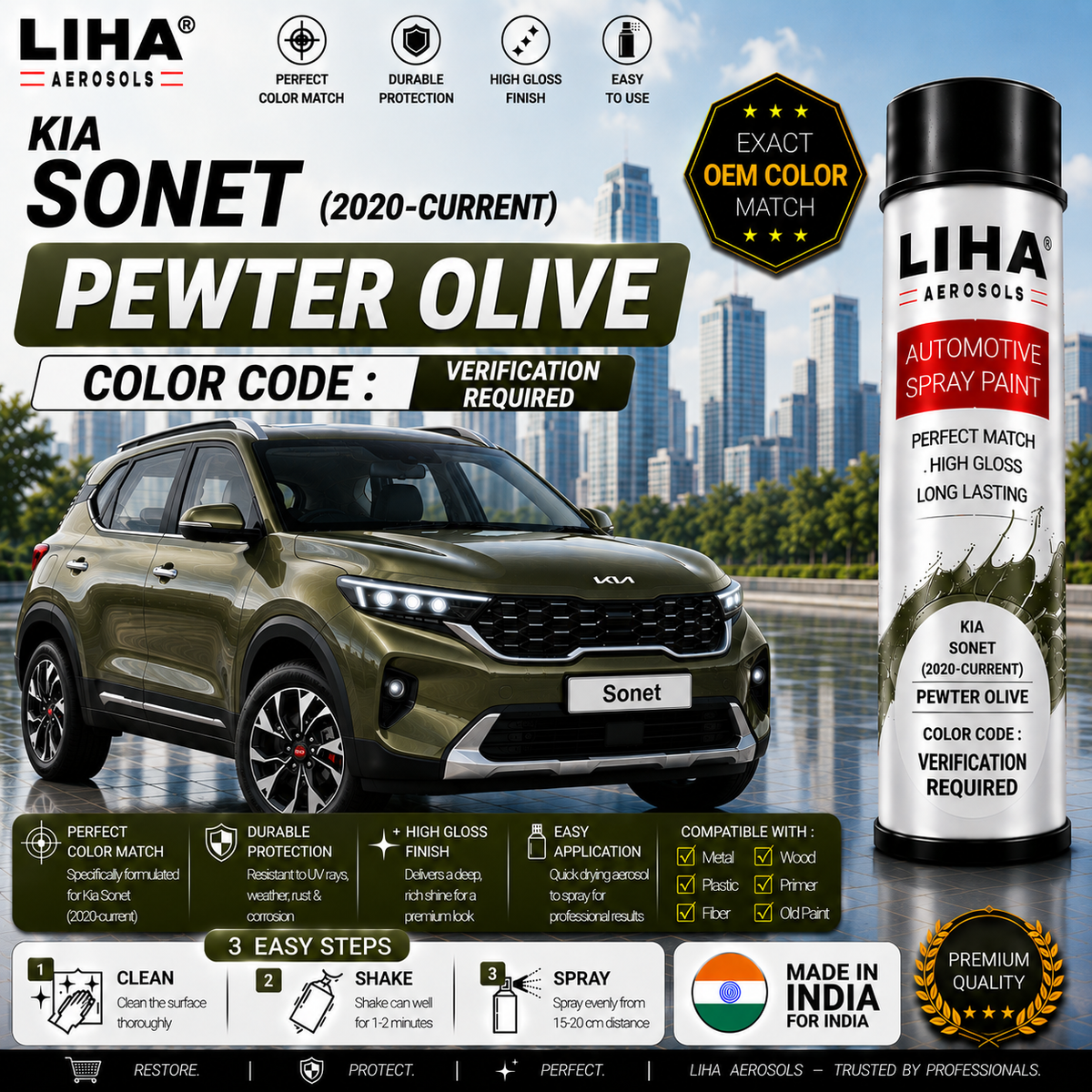 Kia Sonet Pewter Olive Touch Up Spray Paint – OEM Color Match | LIHA Aerosols 500ml
