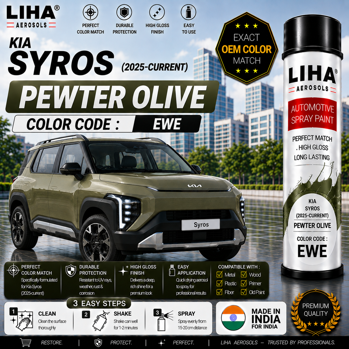 Kia Syros Pewter Olive Touch Up Spray Paint – OEM Color Match | LIHA Aerosols 500ml