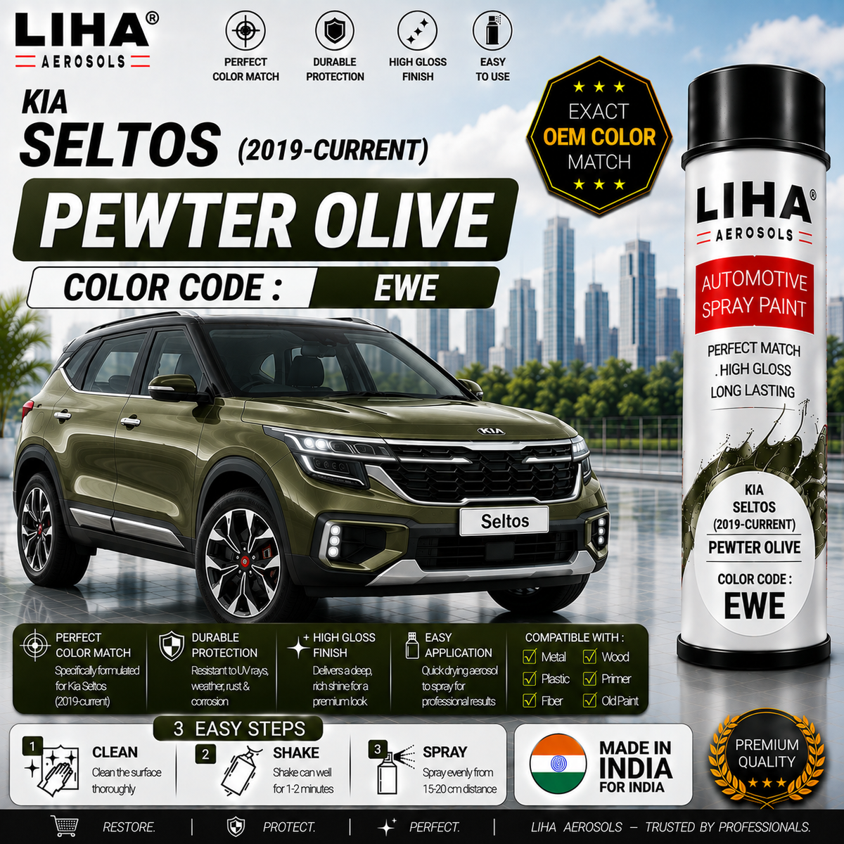 Kia Seltos Pewter Olive Touch Up Spray Paint – OEM Color Match | LIHA Aerosols 500ml