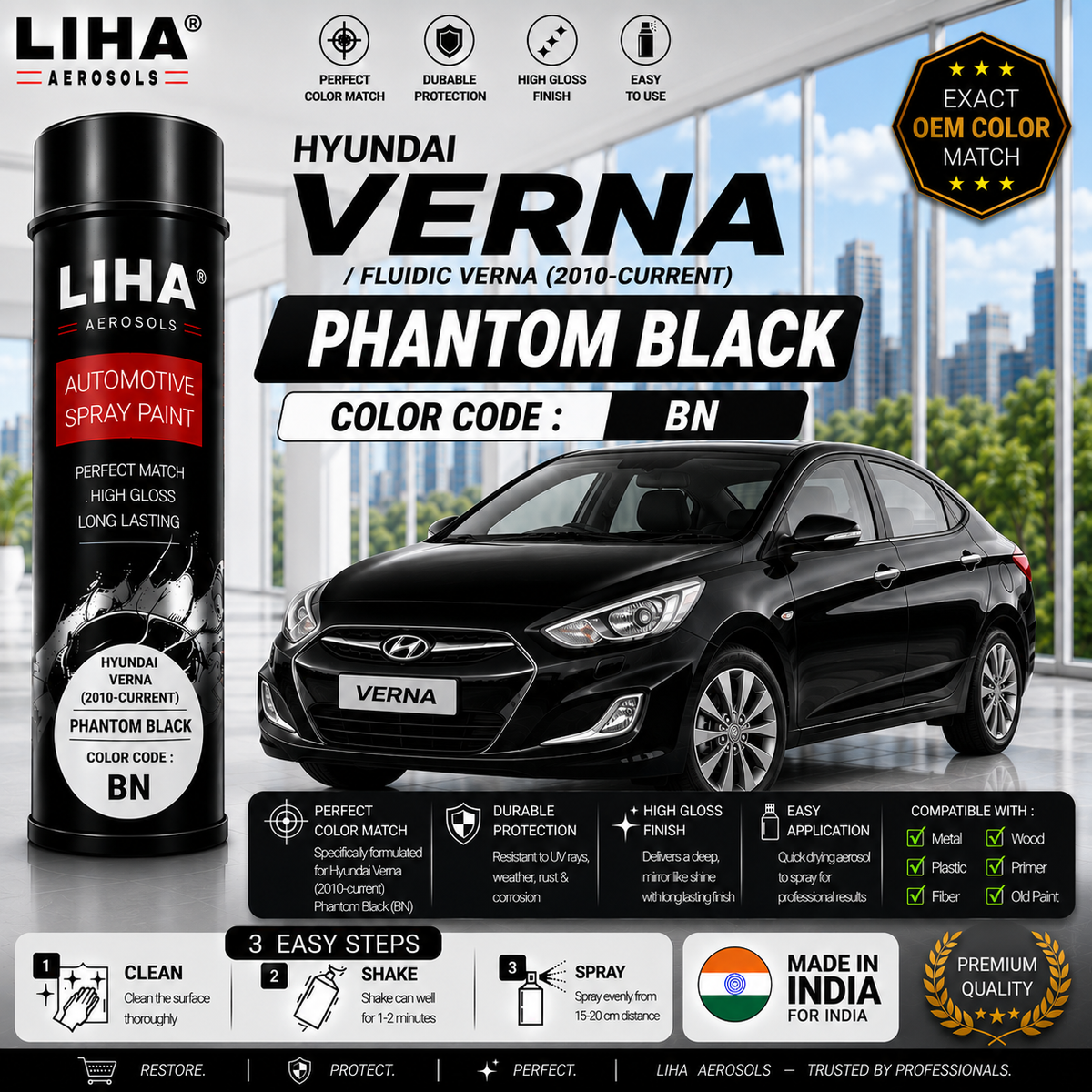 Hyundai Verna / Fluidic Verna Phantom Black Touch Up Spray Paint – OEM Color Match | LIHA Aerosols 500ml