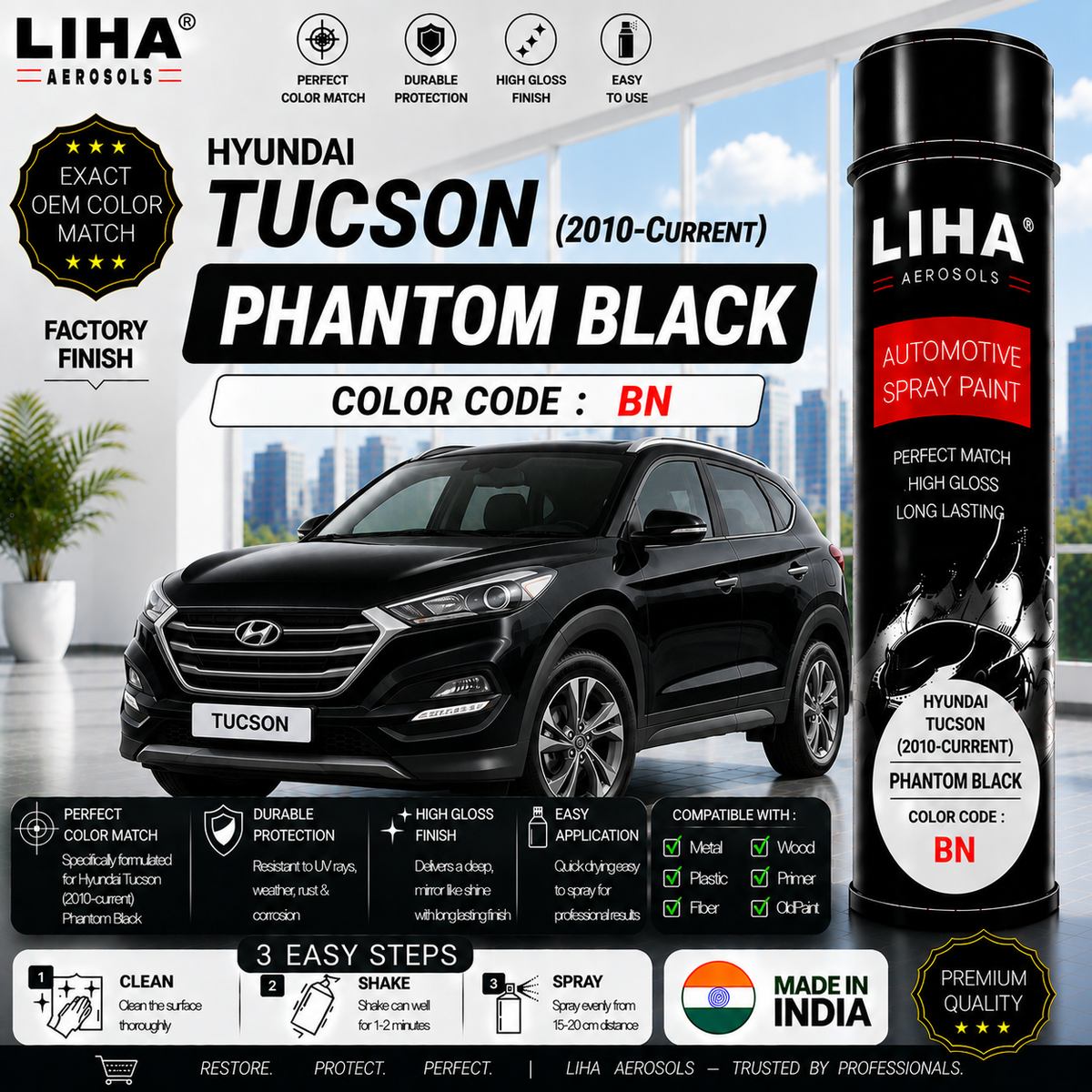 Hyundai Tucson Phantom Black Touch Up Spray Paint – OEM Color Match | LIHA Aerosols 500ml