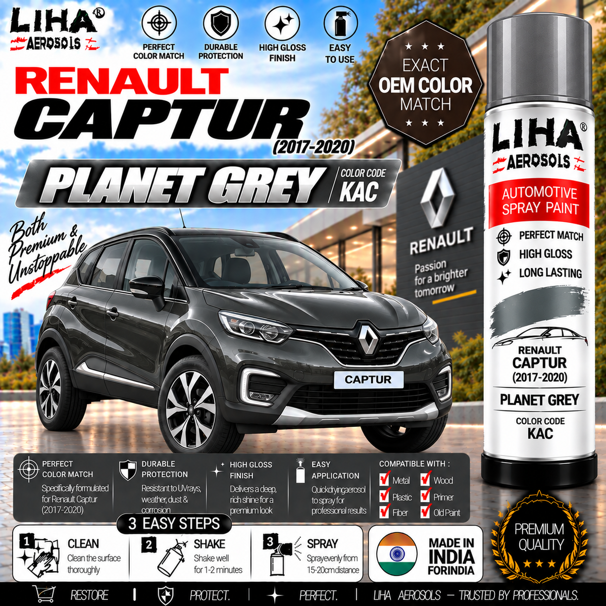 Renault Captur Planet Grey Touch Up Spray Paint – OEM Color Match | LIHA Aerosols 500ml
