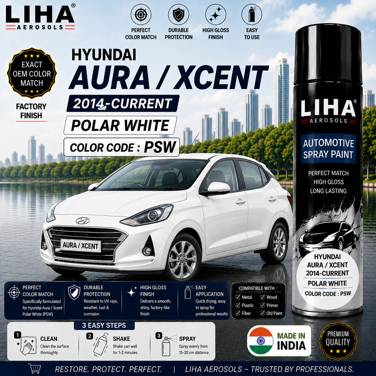 Hyundai Aura / Xcent Polar White Touch Up Spray Paint – OEM Color Match | LIHA Aerosols 500ml